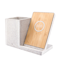 Support de charge sans fil rapide 15W, porte-stylo multifonctionnel en paille de blé et bambou, organisateur de bureau, support de charge de téléphone pour le bureau