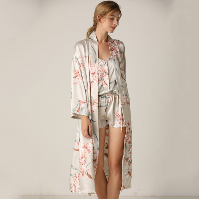 Women's Kimono Robe Silk Floral Printed Bride Robes for Party Stain Bathrobes 2 Piece Pajamas Sleepwear for Women