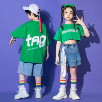 Kostum Tari Hip Hop Anak-anak Kaus Grafis Ukuran Besar Fuchsia Celana Pendek Jeans Biru Set Perlengkapan Pakaian Pertunjukan Jalanan Anak-anak