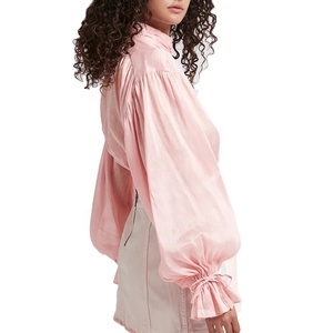 Elegante alta Cintura entallada cuello blusa de lino damas largo globo manga blusa suelta - Product Image 5