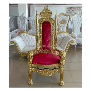 Yeni tasarım kraliyet altın kırmızı ahşap çerçeve kral ve kraliçe taht sandalyeler için düğün kral sandalye