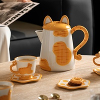 Service à thé en céramique personnalisable sur le thème du chat avec théière à oreilles de chat, soucoupes à empreintes de pattes et tasses à motif de chat, idéal pour la maison et les cafés