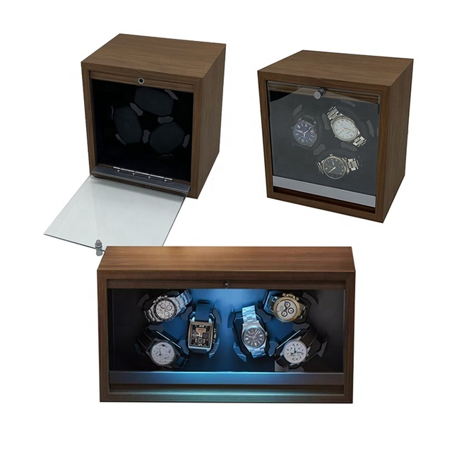 Flexible Brown Wood Watch Winder with 3 Watch Pillows Winding Rotating Case