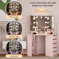 Moderner Rosa Luxus-Eck-Wandspiegel mit LED-Beleuchtung, Schminktisch mit 5 Schubladen, Hocker und Ablage