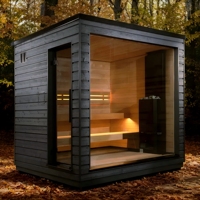 Sauna extérieur moderne en forme de cube pour 4 personnes, cabine de sauna rectangulaire en bois massif avec mur en verre panoramique pour spa de jardin