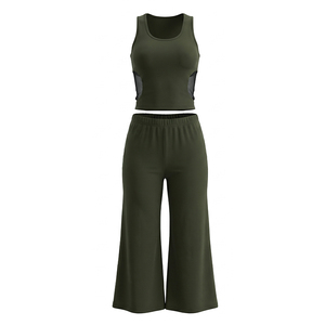 Viviblook Y26ST267 Women Casual Suit New Sexy Sleeveless Mesh <b>Patchwork</b> Tank <b>Top</b> High Waist Wide Leg Pants 2 Piece Set - Product Image 5