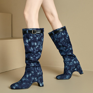 Botas Altas de Mezclilla Anchas para Mujer, Talla Grande 48, con Tacón de Cuña Grueso, Estilo Vaquero, Holgadas, con Hebilla de Cinturón, Botines Largos - Product Image 2