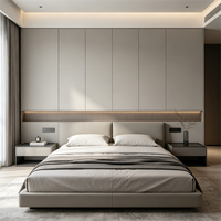 Meuble de chambre moderne de luxe gris avec tête de lit intégrée, rangement mural, étagère ouverte, lumières LED, table de chevet et armoire 2-en-1
