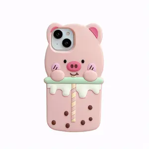 Milk Tea Pig Silicone Phone Case For Iphone 15 14 13 12 11 Pro Max Iphone Cute Shockproof Protector Cover