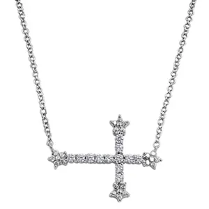 Mode plaqué rhodium en argent Sterling chaîne réglable zircon cubique glacé sur le côté croix pendentif collier bijoux pour femmes