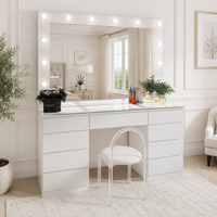 Table de maquillage sans poignée à finition brillante avec plateau en verre, organisateur et miroir à ampoules LED pour l'exportation (vente en gros)