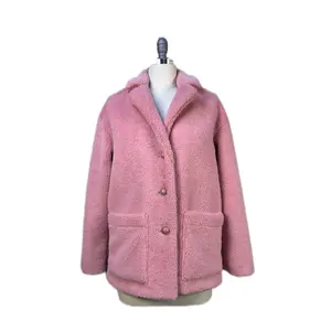 Casaco de pele de coelho rosa feminino outono inverno gola virada para baixo roupa casual de rua de pelúcia solta quente