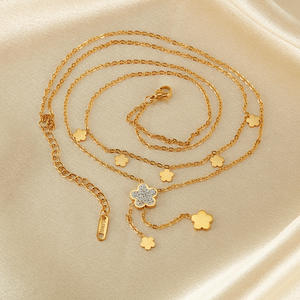 Ожерелье с кубическим цирконием и позолотой, двойной слой, с кисточками и цветами, в простом стиле - Product Image 2