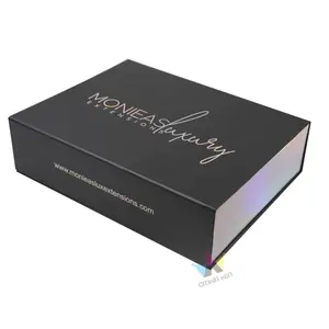 Luxury Custom Logo Printing Holographic Hair Extension Bundle Wigs Packaging Gift Box with Satin Insert paper boxes