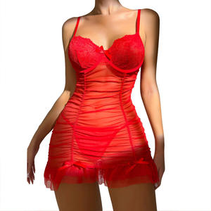 فستان نوم مثير جديد للصيف بتصميم أوروبي أمريكي من البوليستر الشفاف مع حمالة صدر مكشكشة وسروال داخلي من الدانتيل - Product Image 5