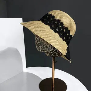 2023 oro graffetta Nylon pizzo paglia cappello da sole elegante estate spiaggia all'aperto portatile grande tesa cappello da pescatore per donna