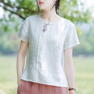 Women's Short Sleeve Cotton Linen Chinese Style Blouse Summer Casual Top White Linen Color Loose Fit Everyday Wear - Product Image 3