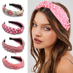 Faixa de Cabelo Rosa com Nó, Faixas de Cabelo Largas com Nó Superior, Acessórios Elegantes para Cabelo Feminino com Padrão Floral de Pérolas - Product Image 2