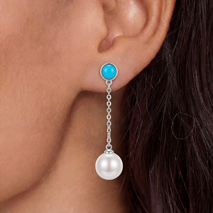 Copper <b>Turquoise</b> Round Bezel White Pearl Long Chain Drop <b>Earrings</b> for Women Dangle Pearl <b>Stud</b> Boho Jewelry Elegant Gift - Product Image 2