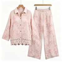 Ensemble tricoté au crochet pour femme, chemise à fleurs brodée avec dentelle et pantalon large, idéal pour l'été et la plage, OEM ODM