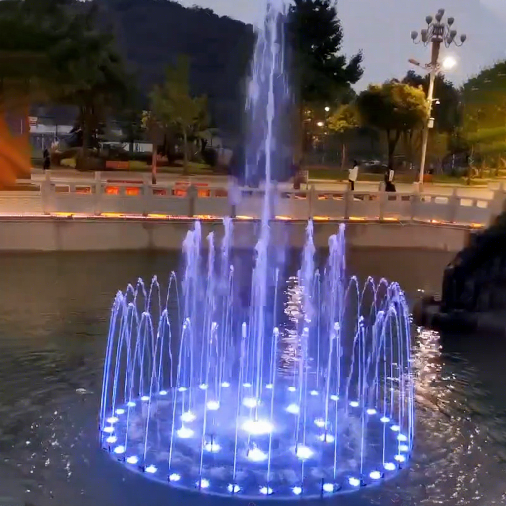 Commercial Outdoor Garden Water Fountain LED Blue Lighted High Jet Circular Ring Spray Nozzle Stainless Steel Modern Pond Lake
