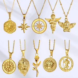Vente en gros Collier religieux pour hommes en acier inoxydable plaqué or 18 ct vintage hip hop, pendentifs boussole fleur d'ange - Product Image 1