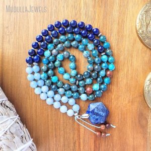MN44288 Colgante de Cristal Azul Facetado de Lapislázuli y Apatita de Océano Profundo, 108 Mala, Joyerí<span class=keywords><strong>a</strong></span> para Yoga y Meditación para Establecer Objetivos - Product Image 1