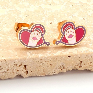 Bijoux pour enfants personnalisés, jolies boucles d'oreilles en émail en forme de cœur et de pattes de chat, bijoux en acier inoxydable 316L, boucles d'oreilles tendance pour filles, boucles d'oreilles pour enfants - Product Image 5