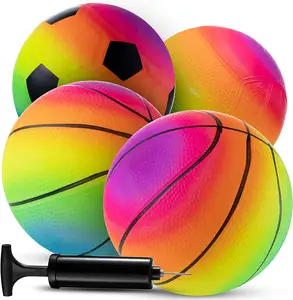 Rainbow Sports Balls - 6 Inch (Pack of 4) Inflatable Vinyl Balls for Kids and Toddlers with Added Hand