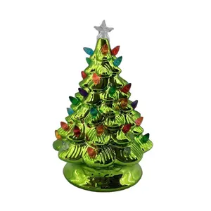 Árbol de Navidad de cerámica con luz led, preiluminado, galvanizado, verde, 10 pulgadas