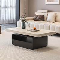 Table basse rectangulaire en pierre style crème avec roulettes et rangement pour petit appartement, salon, mobilier moderne et minimaliste pour la maison