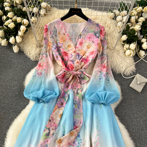 Primavera nuova corte senso avanzato lanterna cravatta vita dolce stampa Chiffon Maxi <span class=keywords><strong>Dre</strong></span> - Product Image 2