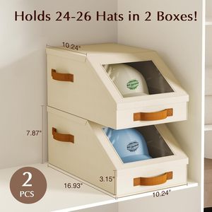 <strong>Beige</strong> Breathable Fabric Baseball Cap Organizer 2PCS Stackable <strong>Storage</strong> <strong>Box</strong> Clear Lid Flip-Top Access Space-Saving <strong>Box</strong> - Product Image 3