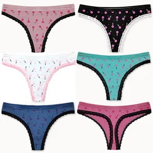 New Design Teen Girl Cute Little Flower Printings Thongs Panty Floral Cotton Lady T-back Thongs