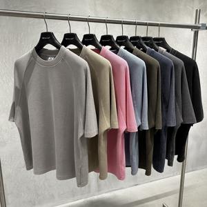 Camiseta Oversize de Manga Raglán con Tejido Waffle para Hombre, Estilo Vintage Desgastado, Streetwear, Algodón Pesado, Diseño con Salpicaduras de Pintura - Product Image 3