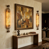 Applique murale longue en albâtre, lampe murale LED moderne de luxe en laiton, luminaire mural vertical en marbre de designer pour la décoration de villas, hôtels et couloirs