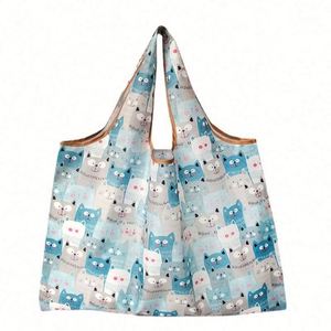 Custom Rpet Cartoon Foldable Superet Grocery Bag Large Reusable Plaid Folding Tote Polyester Shopping Bag With <b>Pouch</b> - Product Image 1