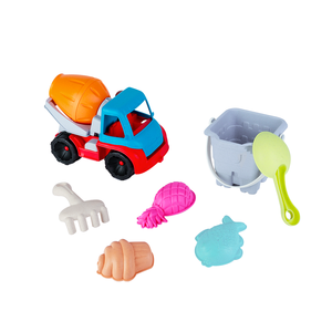 Juego de juguetes de playa de paja de trigo para mezclar arena, 7 piezas: Camión mezclador, cubo cuadrado, rastrillo, tamiz, moldes de arena marina, ecológico, para niños, bolsa de malla - Product Image 5