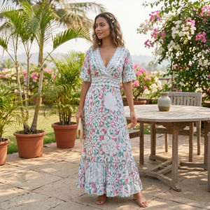 Vestido Casual Transpirable de Verano Coreano con Estampado Floral, Estilo Bohemio Y2K, de Seda Tejida India, Corte A, Talla Única, Cuello en V y Manga Acampanada - Product Image 1