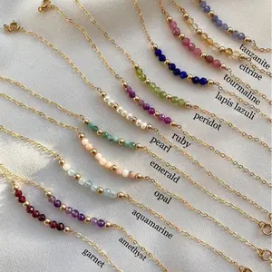 Dainty Emas Diisi Birthstone Gelang Kecil Bersegi Batu Permata Manik-manik Kristal Alami Zodiak Gelang Perhiasan Hadiah