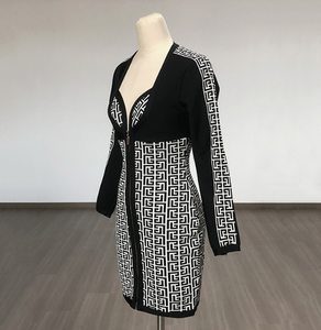 <span class=keywords><strong>Labyrinthe</strong></span> Jacquard Bandage Col en V Robe à glissière sur le devant Robe sexy à manches longues blanche et noire pour club de fête - Product Image 4