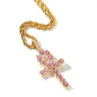 Custom Hiphop Religieuze Egyptische Roze Diamant Ankh Kruis Hanger Ketting Sieraden