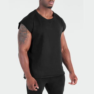 Vente en gros de t-shirt <span class=keywords><strong>sans</strong></span> manches noir 100% coton pour hommes coupe brute col rond débardeur Gym musculation débardeur - Product Image 1