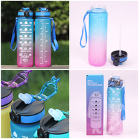 Bouteille d'eau de sport en plastique écologique 1L/32oz avec paille et couvercle à clapet, marqueur de temps motivant pour boire directement, sans danger pour les aliments, compatible lave-vaisselle
