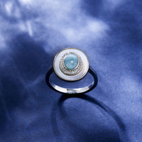 Bague en pierre de Larimar naturelle en argent sterling 925 pour femme sertie de lunette ovale polie avec coquillages blancs en perles