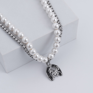 Wholesale Stainless Steel Horse Head Pendants Necklaces Retro Fashion Design Pearl Choker <b>Charms</b> Necklace - Product Image 5
