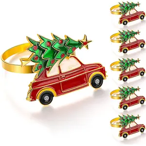 Anéis de guardanapo de carro e árvore, anéis de guardanapo vermelho e verde para decoração de mesa de ação de graças no natal