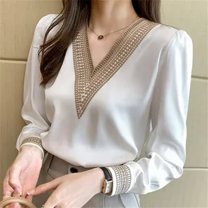 Blusa branca de manga longa, feminina, de chiffon, bordada, com decote em v, blusa de chiffon 8301