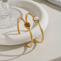 Bracelet ouvert X&L rétro en pierre naturelle et perle, plaqué or 18 carats, en acier inoxydable, étanche, pour femme, vente en gros