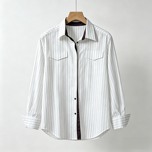 Blusa a rayas con botones para mujer, camisa con mangas en contraste, corte entallado, informal, para oficina, ropa de primavera - Product Image 4